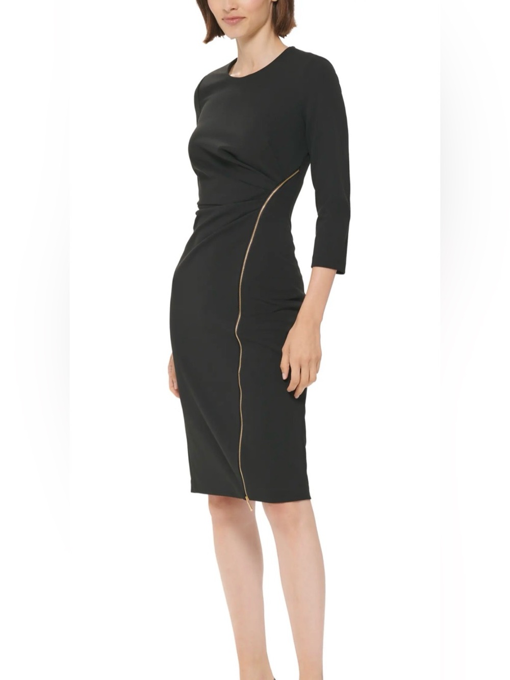 Calvin Klein Black Midi Sheath Dress with Gold Curved Zip